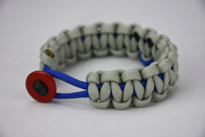 blue and grey anti-bullying paracord bracelet with a blue ribbon and red button, blue and grey anti-bullying paracord bracelet unity band with red button fastener
