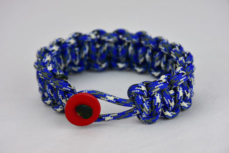 blue camouflage paracord bracelet unity band with red button on front, picture of a blue camouflage paracord bracelet unity band with red button fastener in front on a white background