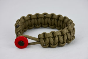 coyote brown paracord bracelet unity band with red button, picture of a coyote brown paracord bracelet with a red button fastener in the front