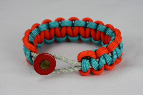 grey orange and teal paracord bracelet unity band with red button fastener in the front on a white background