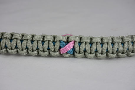 light blue and grey sids support paracord bracelet across the center of a white background, light blue and grey sids support paracord bracelet with light blue and pink sids ribbon
