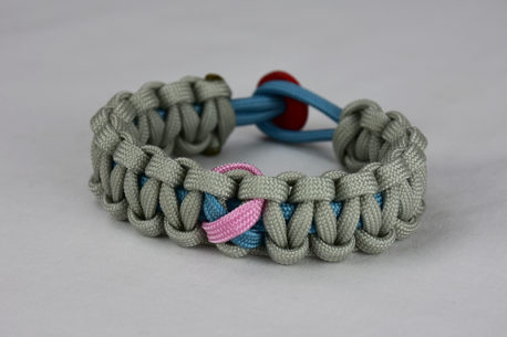 light blue and grey sids support paracord bracelet unity band with red button back, picture of a light blue and grey sids support paracord bracelet with red button fastener on a white background