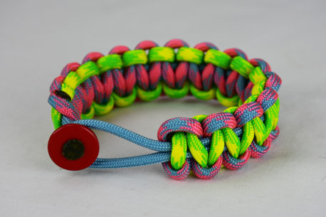 light blue pink and light blue camouflage and dayglow camouflage paracord bracelet with red button in front