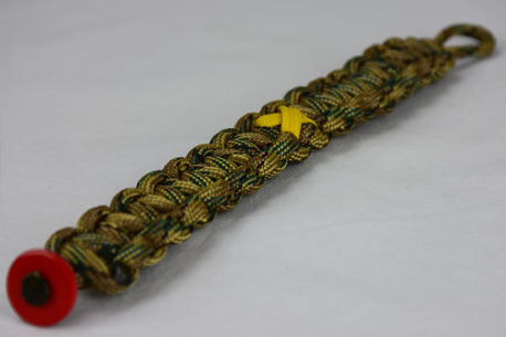 multicam camouflage military support paracord bracelet unity band with yellow support ribbon and red button, picture of a multicam camouflage military support paracord bracelet unity band with yellow ribbon and red button fastener in the front corner on a white background