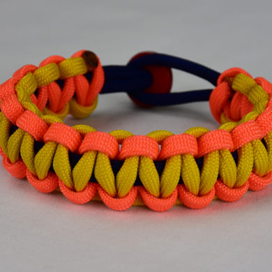 navy blue neon orange and yellow paracord bracelet unity band with red button back on white background, navy blue neon orange and yellow paracord bracelet with red button fastener