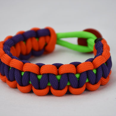neon green orange purple paracord bracelet with red button in the back