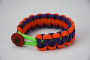 neon green orange and purple paracord bracelet unity band with red button in the front