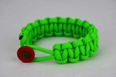 neon green paracord bracelet unity band with red button in front, picture of a neon green paracord bracelet unity band with red button in front with a red button fastener