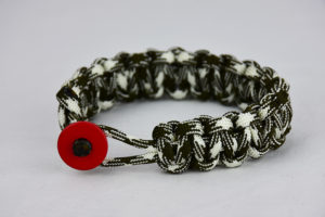 od green and white camouflage paracord bracelet unity band with red button in front, picture of an od green and white paracord bracelet unity band with red button fastener in the front on a white background