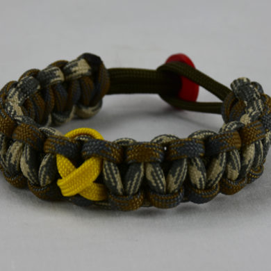 od green desert foliage camouflage desert sand foliage camouflage military support paracord bracelet with red button in back and yellow ribbon