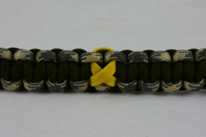 od green desert sand foliage camouflage and od green military support paracord bracelet with yellow ribbon in the center
