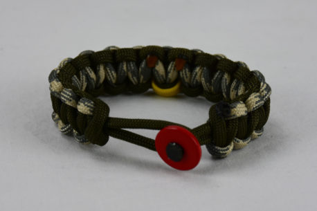 od green desert sand foliage and od green military support paracord bracelet with red button in the front and yellow ribbon