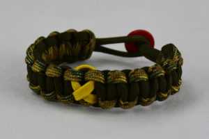 od green multicam camouflage and od green military support paracord bracelet with red button in back and yellow ribbon