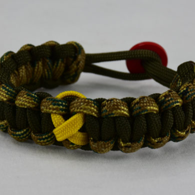 od green multicam camouflage and od green military support paracord bracelet with red button in back and yellow ribbon