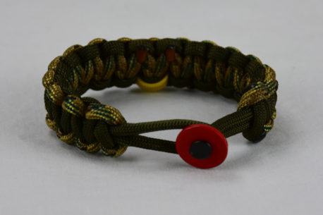 od green multicam camouflage and od green military support paracord bracelet with red button fastener in front and yellow ribbon