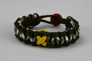 od green od green and od green and white camouflage military support paracord bracelet with red button in the back and yellow ribbon