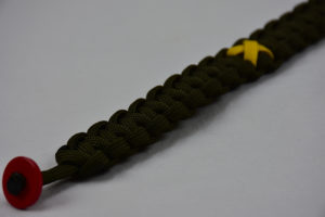 od green paracord bracelet with yellow support ribbon, od green paracord bracelet with a red button and yellow military support ribbon, unity band paracord bracelet