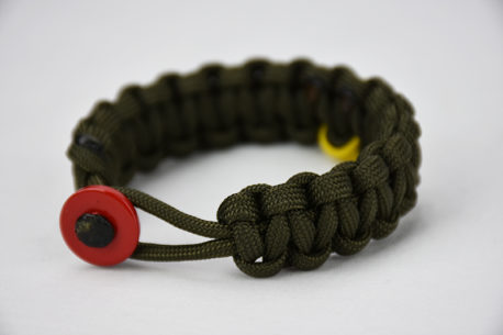 od green military support paracord bracelet with red button, picture of a unity band od green military support paracord bracelet with a yellow support ribbon in the back and red button in the front