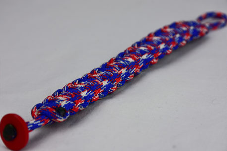 patriotic camouflage paracord bracelet unity band with red button in the corner on a white background