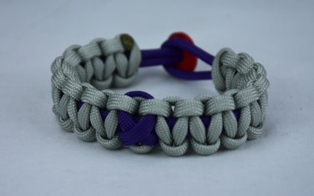 purple and grey alzheimers support paracord bracelet with red button back and purple ribbon