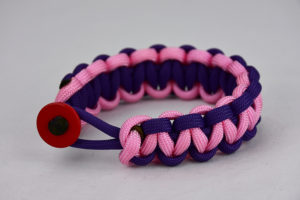 purple purple and soft pink paracord bracelet unity band with red button in front, picture of a purple purple and soft pink paracord bracelet unity band with red button fastener in the front on a white background