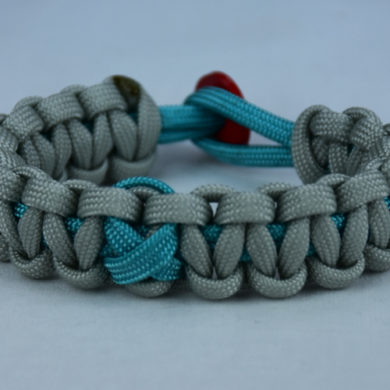 teal and grey ptsd support paracord bracelet with red button back and teal ribbon