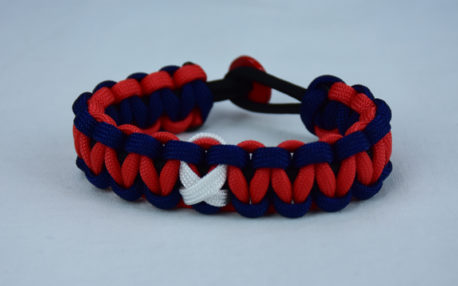 black navy blue and red multiple sclerosis support paracord bracelet with red button fastener in the back and white ribbon
