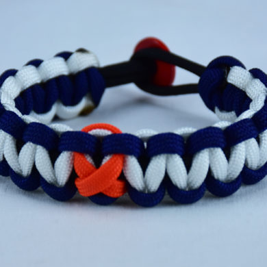black navy blue and white leukemia support paracord bracelet with red button in the back and orange ribbon