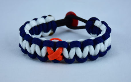 black navy blue and white leukemia support paracord bracelet with red button in the back and orange ribbon