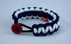 black navy blue and white leukemia support paracord bracelet with red button in the front and orange ribbon