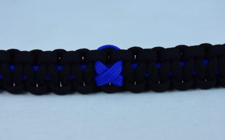 blue and black anti-bullying paracord bracelet with blue ribbon in the center