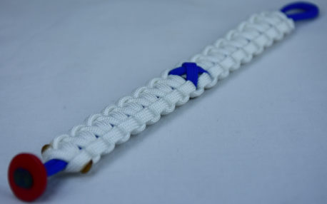 blue and white anti-bullying paracord bracelet with red button in the bottom corner and blue ribbon