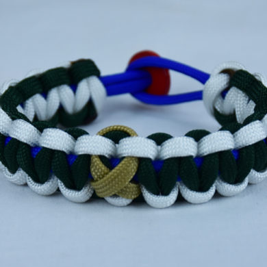 blue white and emerald pediatric cancer support paracord bracelet with red button back and gold ribbon