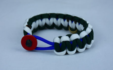 blue white and emerald pediatric cancer support paracord bracelet with red button front and gold ribbon