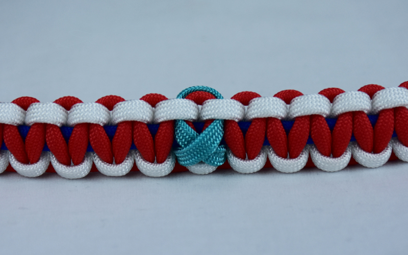 blue white and red ptsd support paracord bracelet with teal ribbon in center