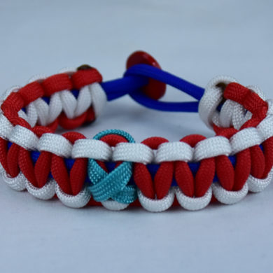 blue white and red ptsd support paracord bracelet with red button in back and teal ribbon