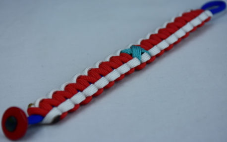 blue white and red ptsd support paracord bracelet with red button corner and teal ribbon