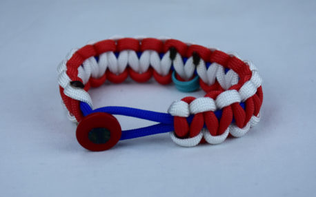 blue white and red ptsd support paracord bracelet with red button in front and teal ribbon