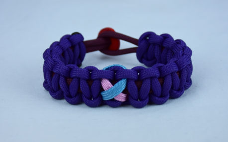 burgundy and purple sids support paracord bracelet w red button back and tarheel blue and pink ribbon