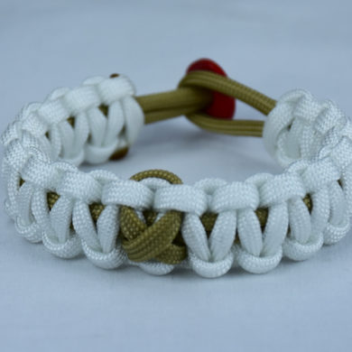 gold and white pediatric cancer support paracord bracelet with red button in the back and gold ribbon