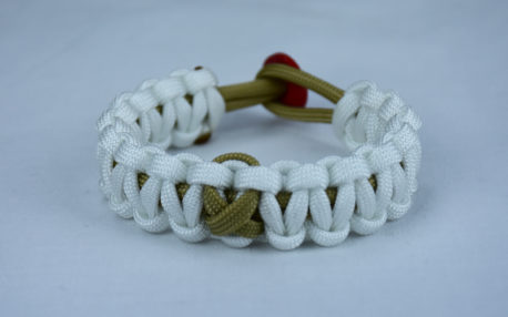 gold and white pediatric cancer support paracord bracelet with red button in the back and gold ribbon
