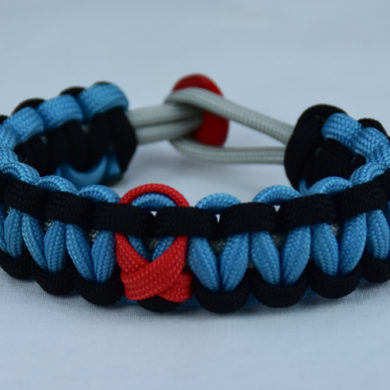 grey black and tarheel blue heart disease support paracord bracelet with red button back and red ribbon