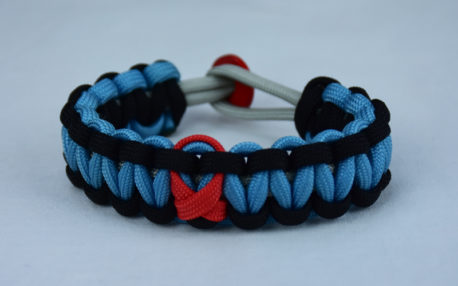 grey black and tarheel blue heart disease support paracord bracelet with red button back and red ribbon
