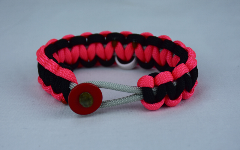 grey pink and black multiple sclerosis support paracord bracelet w red button front and white ribbon