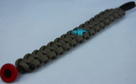 od green and tan ptsd support paracord bracelet with red button in the corner and teal ribbon