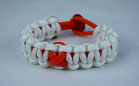 orange and white leukemia support paracord bracelet with red button in the back and orange ribbon