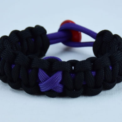 purple and black alzheimers support paracord bracelet with red button in the back and a purple ribbon