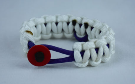 purple and white alzheimers support paracord bracelet w red button front and purple ribbon