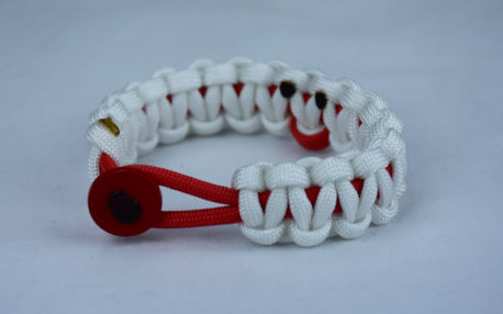 red and white heart disease support paracord bracelet with red button front and red ribbon