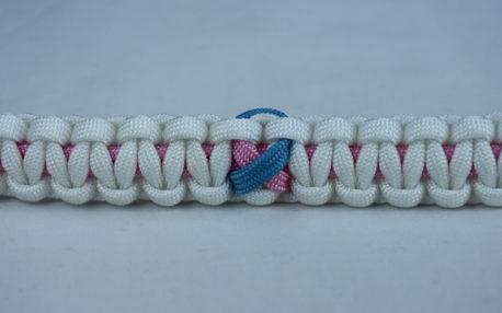 soft pink and white sids support paracord bracelet with tarheel blue and pink ribbon